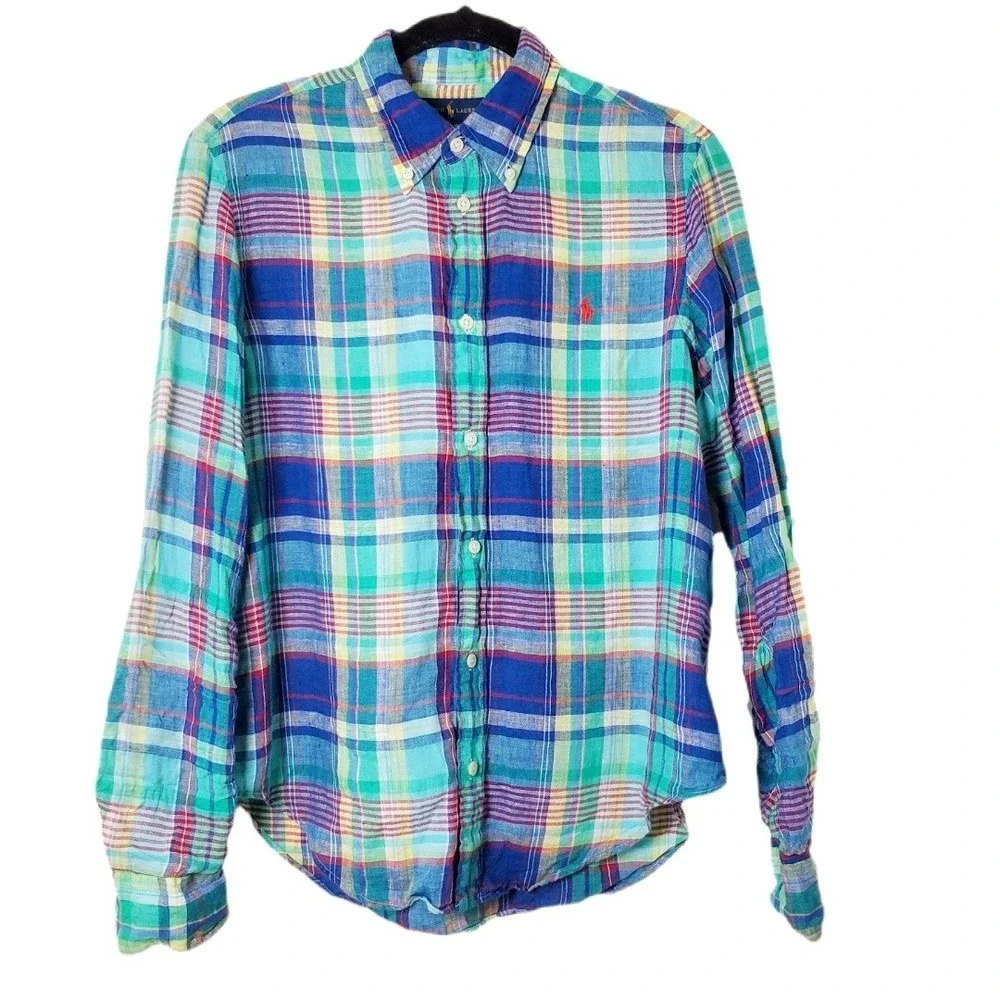 Ralph Lauren Multicolor Plaid Slub Linen Button Down Shirt Blue Green Youth Lg